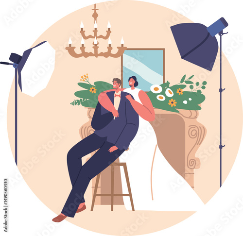 Newlyweds posing for camera vector illustration