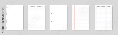 collection of blank notebook paper sheets with binder holes, design with lines, dots, cells, place for text