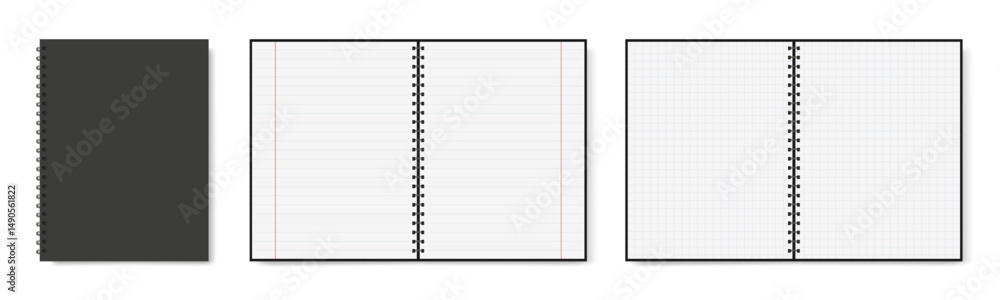 Mockup of realistic notebook with black cover, metal spiral binders, opened book with blank line and cell paper Mockup of realistic notebook with black cover, metal spiral binders, opened book with blank line and cell paper
