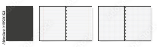 Mockup of realistic notebook with black cover, metal spiral binders, opened book with blank line and cell paper
