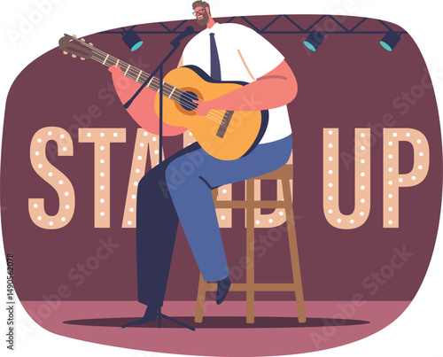 Man with guitar giving standup
