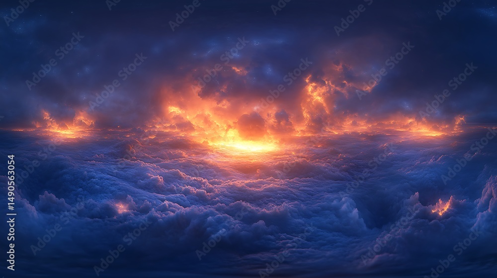 Naklejka premium Epic celestial panorama, fiery sunrise above ethereal cloudscape vista