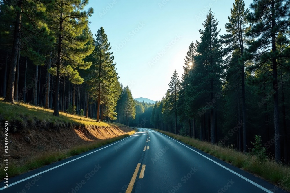 Naklejka premium Asphalt Road Through a Lush Coniferous Forest at Sunrise, Sunlight Filtering Through the Trees, Casting Shadows on the Roadside
