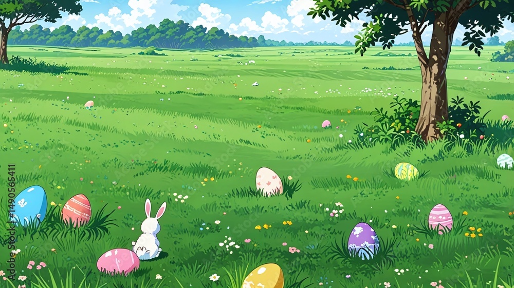 Green landscape with easter eggs and bunny seamless pattern. Vector illustration. Green landscape with easter eggs and bunny seamless pattern. Vector illustration.