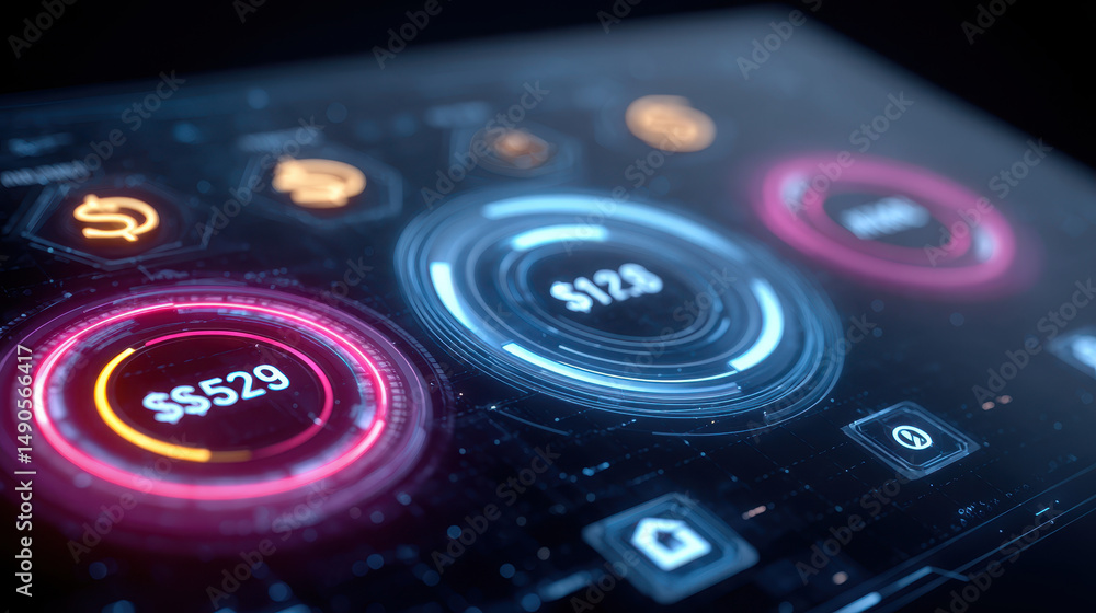 Fototapeta premium Futuristic financial interface displaying savings and expenses with glowing circular graphs, digital icons, and sleek, high tech design. interface conveys innovation and efficiency