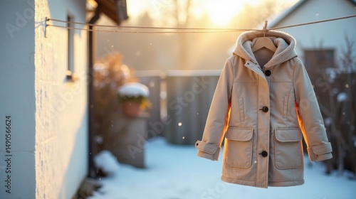 A child's warm winter coat hangs on a clothesline outdoors in the soft light of sunset, a peaceful scene of winter's end