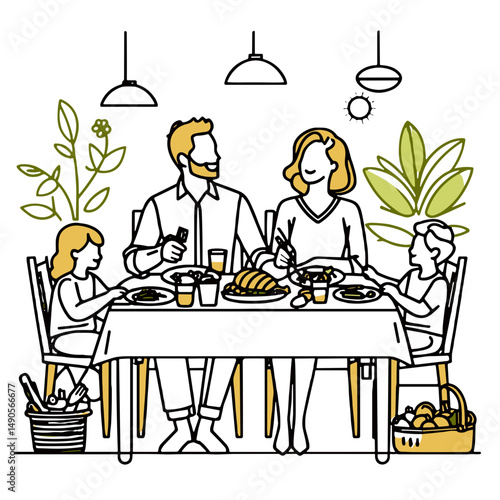 Family enjoying a meal together at dining table with greenery. Family Dinner Scene  