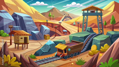 Mining train on desert tracks with lookout tower, wooden huts and rocky terrain in a colorful cartoon landscape