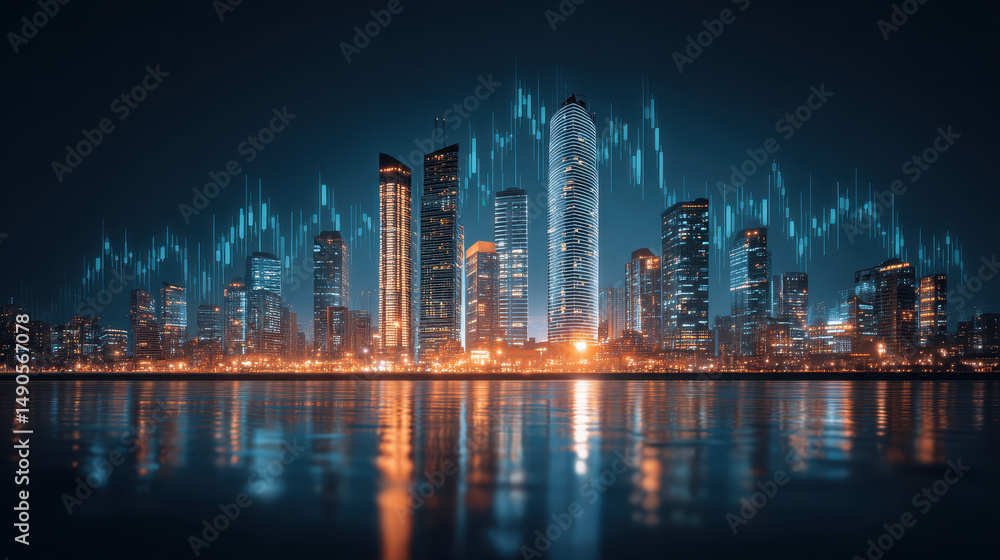 Obraz premium Stunning night cityscape featuring illuminated skyscrapers reflected on calm water surface, with glowing futuristic data like graphics overlaying skyline, evoking innovation and progress