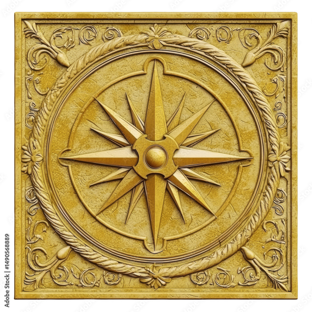 Fototapeta premium Ornate golden compass rose with intricate floral patterns, symbolizing direction and elegance