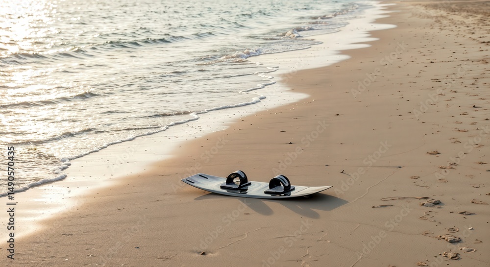 Seaside Serenity: A lone kiteboard rests on the pristine sandy beach, the gentle waves lapping at the shore, creating a peaceful scene. Seaside Serenity: A lone kiteboard rests on the pristine sandy beach, the gentle waves lapping at the shore, creating a peaceful scene.