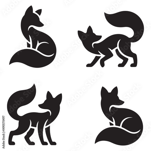 Fox silhouette icon set. Vector black silhouette. with white background