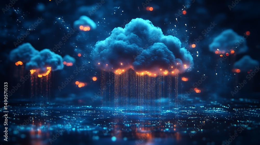 Fototapeta premium Abstract cloud data network concept with digital rain and starry night sky