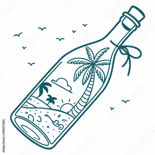Tropical beach scene inside message bottle illustration