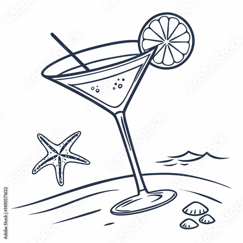 Summer cocktail on beach sand seashells starfish