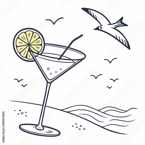 Summer cocktail beach scene lemon martini drink