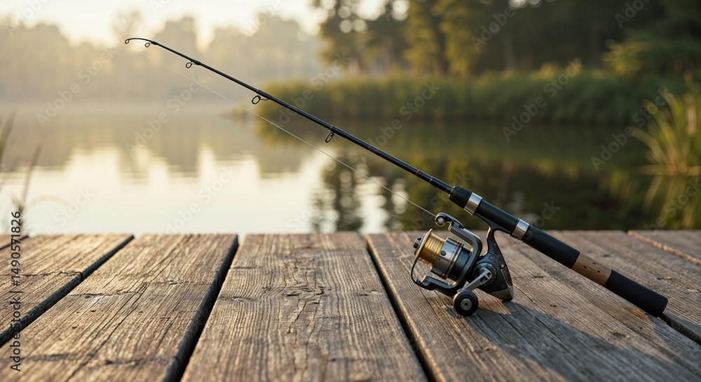 Obraz premium Fishing Rod on Dock: A fishing rod with a reel rests on a wooden dock overlooking a tranquil lake, a peaceful scene perfect for anglers and nature enthusiasts.