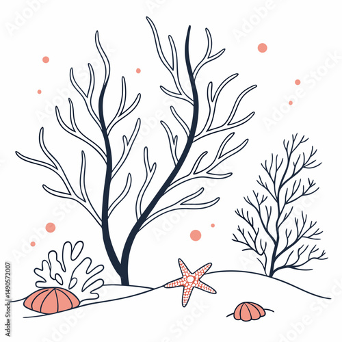 Underwater scene with coral sea star shells