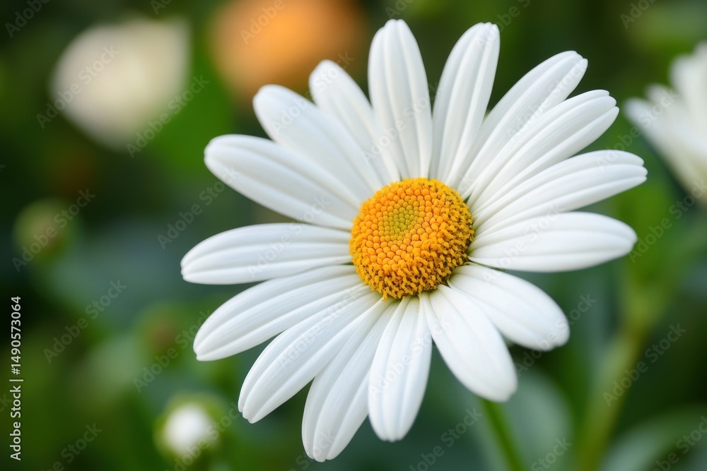 Fototapeta premium Close up of a white daisy flower with a yellow center blooming in a garden