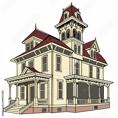 Victorian era mansion architectural drawing illustration