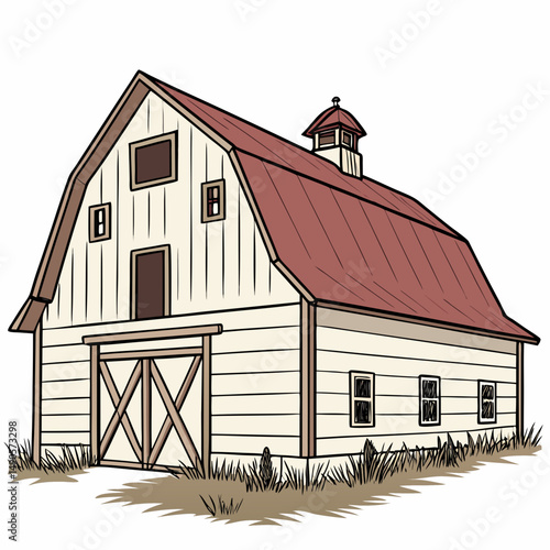 Classic white barn with red roof rural farm scene