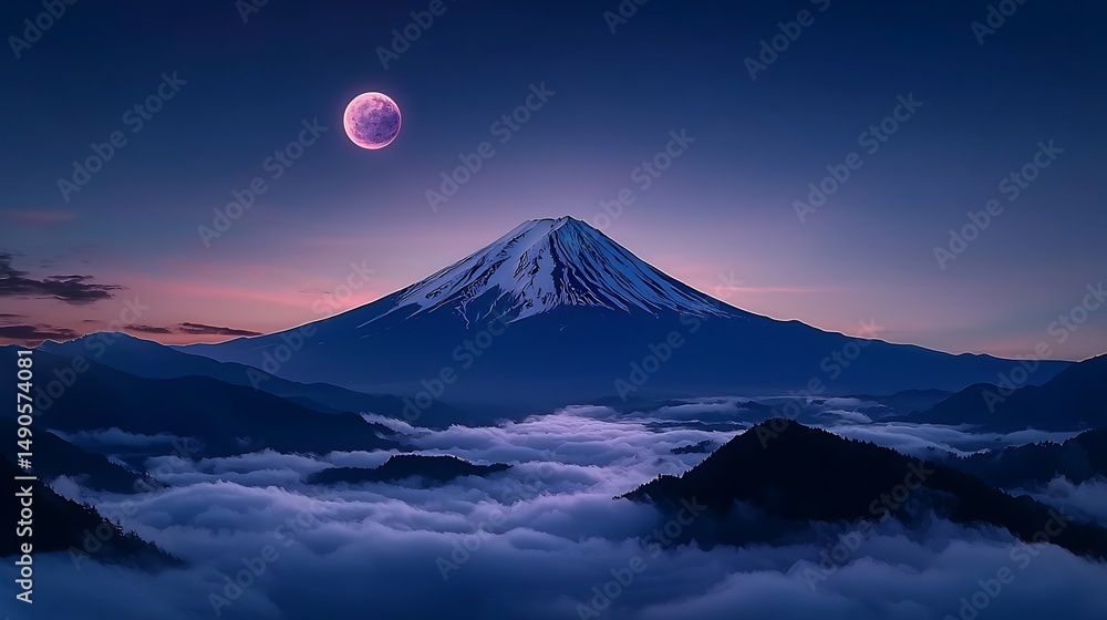 Fototapeta premium Majestic mountain peak, silhouetted against a twilight sky, with a pink moon, and clouds, surrounded by valleys