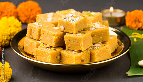 Traditional Indian Sweet Mysore Pak Garnished with Sliced Almonds and Pistachios, Served on Brass Plate, Popular Festival Dessert Known for Its Rich Ghee Flavor and Crumbly Texture. Indian sweets