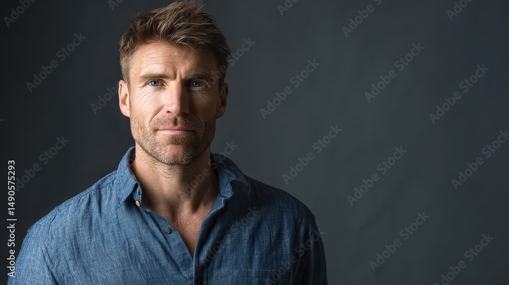 Fototapeta premium Handsome man in blue shirt looking at camera against grey wall with text space, featuring facial hair or clean-shaven face in professional attire.