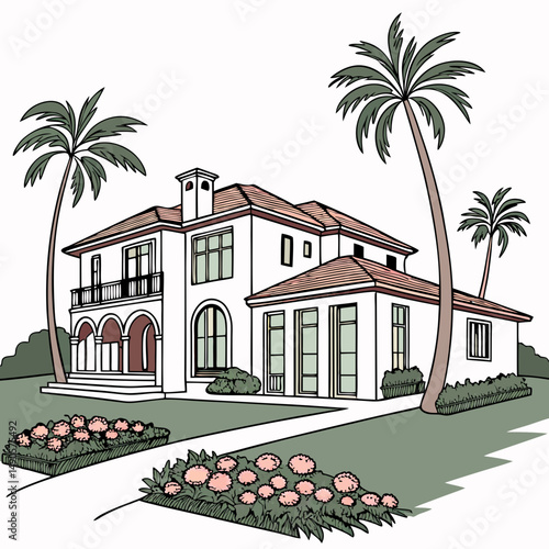 Mediterranean style villa palm trees landscaping