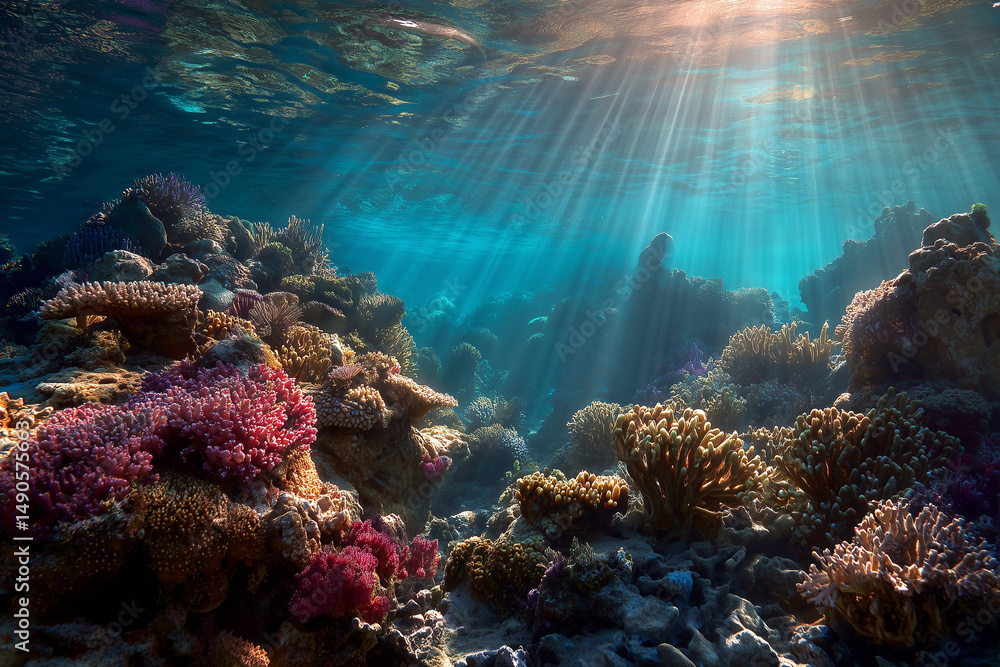 Fototapeta premium Vibrant Coral Reef Undersea Scene with Sunlight Rays