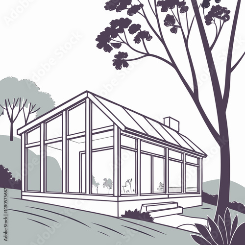Modern glass conservatory design illustration transparent background