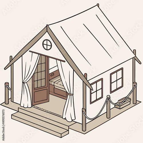 Luxurious glamping tent isometric illustration, transparent background