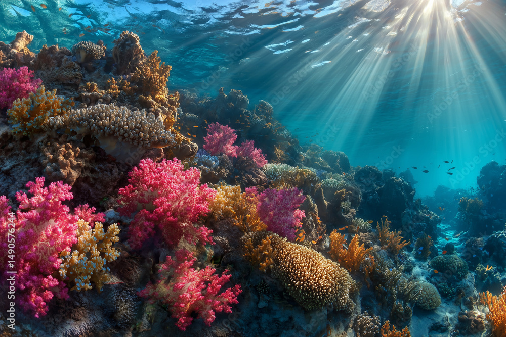Fototapeta premium Vibrant Coral Reef Undersea Scene with Sunlight Rays