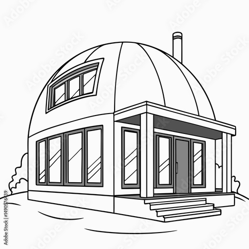 Modern dome house architectural line drawing illustration