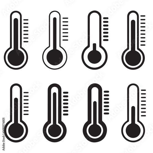 Thermometer Icons Set Different Temperatures, Black Line Thermometers Icons Set, Variations of Thermometer Icons Black and White