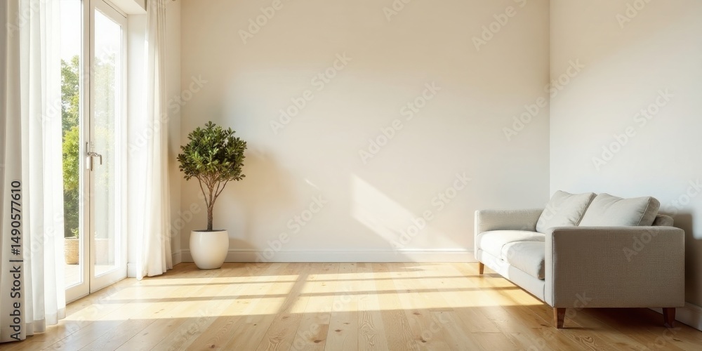 Fototapeta premium Sunlight streams through sheer curtains illuminating a minimalist living room with a light beige sofa and potted plant