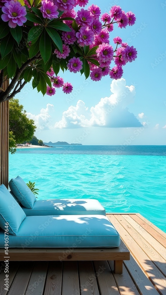 Obraz premium Tranquil tropical beachside retreat with blossoming tree and turquoise ocean.