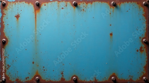 Rustic Blue Metal Panel with Rust and Fasteners A Weathered Industrial Texture