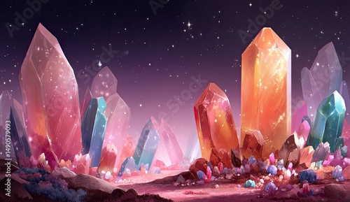 Crystal-filled, starry night landscape.  Vibrant gems and glowing crystals populate a desert-like terrain under a starlit sky