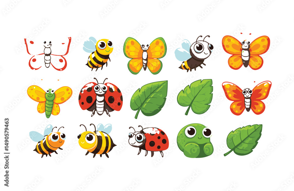 Obraz premium Nature-inspired bug graphic with friendly cartoon insects and bold color details
