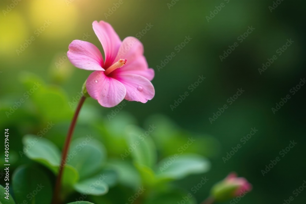 A single pink flower with dew drops, delicately positioned against a softly blurred green background, evokes a sense of tranquility and natural beauty. A single pink flower with dew drops, delicately positioned against a softly blurred green background, evokes a sense of tranquility and natural beauty.