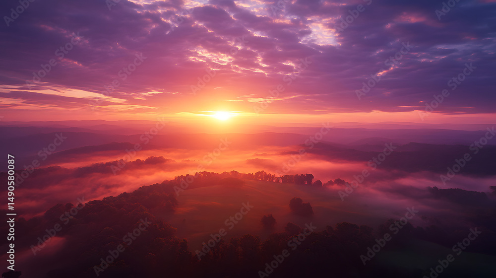 Obraz premium A breathtaking sunrise over a misty landscape, bathing the sky in vibrant hues of orange and purple.