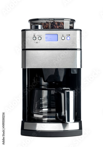 Drip coffee maker with integrated grinder and glass carafe. Digital screen, modern black and steel design, on transparent background png.
