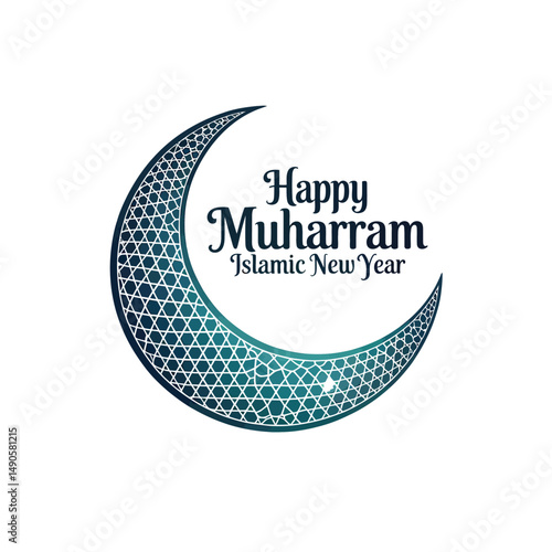 Happy Muharram Islamic New Year Vector with Crescent Moon and Geometric Pattern

