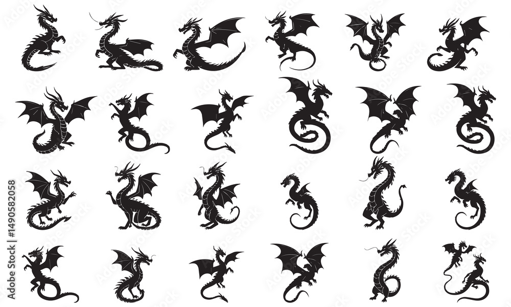 Black Dragon Silhouette Vector Set – Mythical Winged Creatures, Flying Beasts, and Fantasy Legends Collection
Black Dragon Silhouette Vector Set – Mythical Winged Creatures, Flying Beasts, and Fantasy Legends Collection