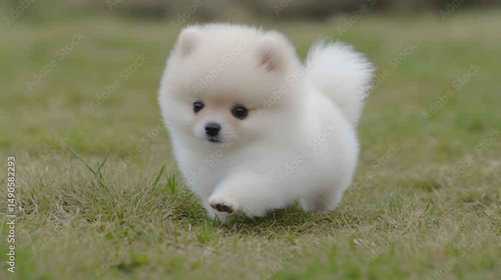 Fototapeta premium A fluffy white Pomeranian puppy joyfully running through a grassy field.
