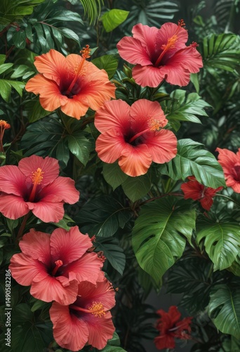 Wallpaper Mural Vibrant hibiscus blooms, lush tropical foliage,  exotic flowers,  detail,  beauty Torontodigital.ca