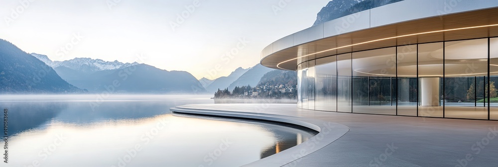 Fototapeta premium Futuristic Glass Building Overlooking Misty Mountain Lake: Sleek Architecture Meets Natural Grandeur. Panoramic Circular Windows Frame Breathtaking Alpine Views. Modern Design Contrasts with Serene La