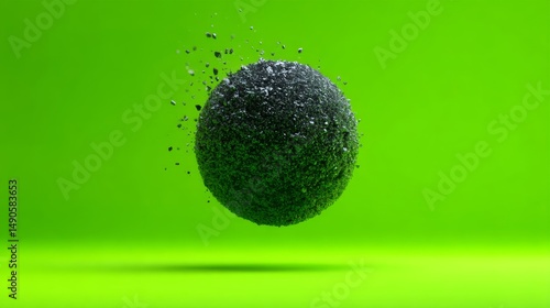 Digital Orb Exploding into Glitch Fragments Against a Vibrant Green Background