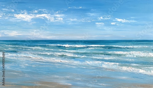 Coastal serenity.  A tranquil seascape, painted with gentle waves lapping a sandy shore under a vast, cerulean sky dotted with fluffy clouds